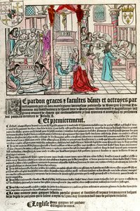 Hospital no século XVI: Carta de indulgência (Direita: uma cena hospitalar. Agauche: moribundo e morto). Gravura do século XVI. Coleção particular. de Unknown artist