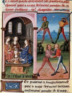 Como os pais devem pensar em seus filhos; os filhos de Octávio aprendendo o cavalheirismo e o trabalho de lã" Miniatura tirada de "Le livre de bonnes moreurs de Jacques Legrand". de Unknown artist