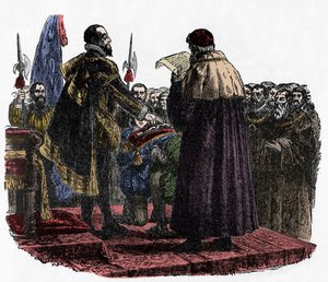 Hugh Capet faz o Juramento do Soberano - Hugues Capet (cerca de 941-996) rei dos Francos, pronunciou o juramento do Soberano em 987 -1882 de Unknown artist