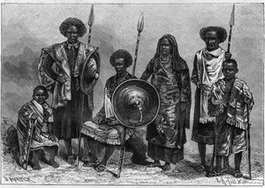 Zoo Humano: grupo de Assabais, uma tribo da Etiópia, então colônia italiana. Expõe em Turim, como parte da Exposição Nacional de 1884. Gravura na "Natureza. Revue des sciences et de ses applications aux arts et à l