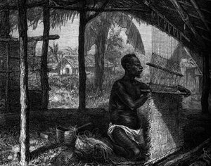 Jardim Zoológico Humano: tecelão amaciou o Gabão na Exposição Mundial de 1889. Gravura no "Le Journal de la jeunesse". de Unknown artist