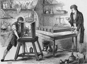 Humphry Davy decompõe os alcalinos pela bateria voltaica. Em "Album de la Science", Éditions Jouvet de Unknown artist