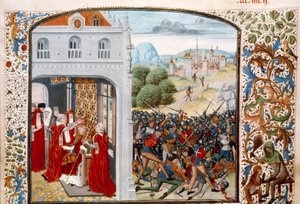 Guerra dos Cem Anos: "O Papa Gregoire XI (1329-1378) coroou Avignon em 1370. A Batalha de Pontvallain entre franceses e ingleses em 4/12/1370" Miniatura de "Chronicles" de Jean Froissart (1337-1400) Paris do século XV. B.N. de Unknown artist