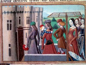 Guerra dos Cem Anos: o golfinho e futuro rei Carlos VII regressa a Paris depois de ter fugido para Bourges na altura da guerra civil entre Armagnacs e Burgundians em 29/05/1418, Junho de 1418. Miniatura de "Vigilles du roi Charles VII" de Martial d