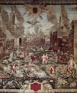 A conquete da Hungria: "Os austríacos levam Buda dos turcos otomanos a 02/09/1686" Buda faz parte da actual Budapeste. Os senhores da guerra são Carlos V de Lorena e Miksa Emanuel II. Cenas de violência, fogos domésticos. Detalhe de uma tapeçaria. 17º ce de Unknown artist
