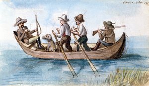 Caçadores nas casas de caça. Desenho de Unknown artist