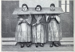 A caça na China: a canga, um aparelho de tormento (uma espécie de pelourinho) aplica-se às mães infanticidas. Gravura em "La Nature". de Unknown artist