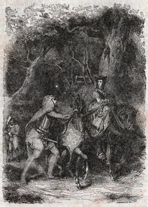 Hypalca Arreted by Rodomont - Gravura de 1851 de "Furious Roland" (Orlando furioso) (século XVI) de Ludovico Ariosto, conhecido como Ariosto - Edição traduzida do italiano pelo Conde de Tressan e publicada por Gustave Harvard 1851 de Unknown artist