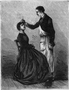 Fenômenos de hipnotismo: Hipnotismo produzido pela fixação de um porta-lápis entre os olhos. Gravação a partir de 1881. de Unknown artist