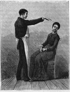 Fenômenos de hipnotismo: o hipnotismo é produzido estendendo subitamente a mão na frente do paciente. Gravação a partir de 1881. de Unknown artist