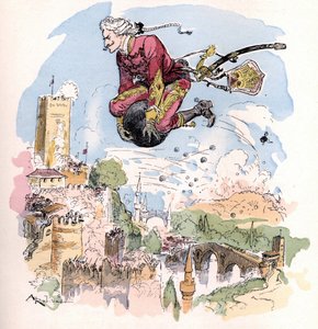 Ilustração de Albert Robida em "Histoire et aventures du Baron de Munchausen (Munchhausen), H. Laurens Ed., final do século XIX". de Unknown artist