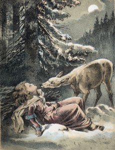 Ilustração dos contos de Franz Hoffmann "Contos e Fábulas - Von Weifsh¿ndchen und breitf¿fschen": uma menina desmaiou na neve e um veado. Cromolitografia do século XIX. de Unknown artist