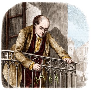 Ilustração de experiências de Luigi Galvani, físico e médico italiano (1737 - 1798) com sapos. de Unknown artist