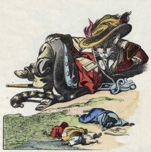 Ilustração do conto "O terrível personagem Raminagrobis e os ratos" desenha fábulas de Jean de la Fontaine. Em "Contos da casa para os pequenos". Gravura anónima do século XIX. de Unknown artist