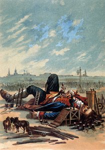 Ilustração mostrando Liliputianos a prender o Gulliver. Cromolitografia, sd. Final do século XIX. de Unknown artist