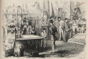 O príncipe imperial Eugene Louis Joseph (1856-1879), na festa de Fontainebleau. Ele tenta decoificar uma marionete com a ajuda de uma bola pendurada num cordel. Gravura em "O Universo ilustre". de Unknown artist