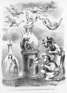 No laboratório de alquimia dos associados Garibaldi e Cavour vemos dissipar gradualmente o vapor desnecessário (representado pelas máscaras das regiões italianas), permanecendo a substância (Itália) caricatura do jornal satírico Il Fischietto de Unknown artist