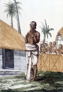 Cultura e civilização indiana: músico a tocar flauta bansuri, instrumento musical tradicional, Índia. Gravura em 1808. de Unknown artist