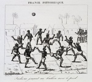 Índios (América do Sul) jogando bola com o pé de Unknown artist