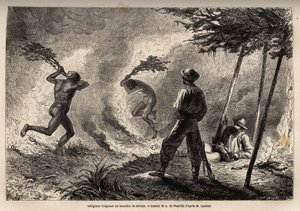 Os kanaks indígenas acenderam um fogo de savana, que eles próprios acenderam para caçar mosquitos, diante dos olhos do narrador e de seu companheiro de viagem. Gravura para ilustrar a viagem à Nova Caledônia de 1863 a 1866, por Jules Garnier, engenheiro ci de Unknown artist