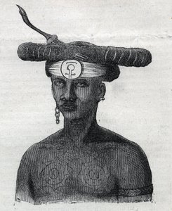 Povo indígena da Nova Guiné (Nova Guiné): habitante das Montanhas Arfaque. Gravura em "L
