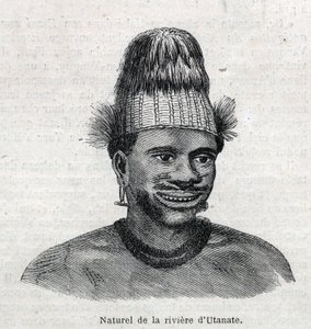 Povo indígena da Nova Guiné (Nova Guiné): natural do rio Utamate. Gravura em "The Illustrous Universe" (O Universo Ilustroso) de Unknown artist