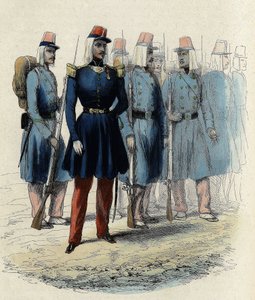 Infantaria do exército francês em 1830 na Argélia, oficial, sargento e soldados, In "L