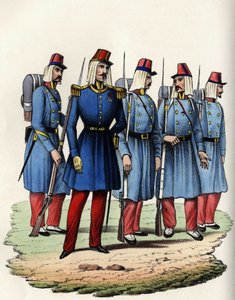 Infantaria do exército francês de África; oficial, sargento e soldados na Argélia em 1830. Em "Storia d