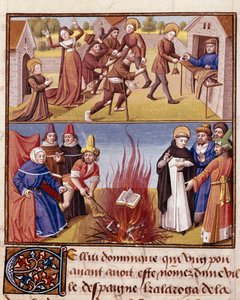 Inquisição "Autodafe preside por São Domingos de Guzman (1170-1221), fundador da Ordem Dominicana, eproof of the fire of the heretical book and the orthodox book" Miniatura em "Le miroir historiale" (Speculum Historiale) (ms. 1196, fol. 372) por de Unknown artist