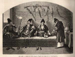 Dentro de um café Tatar em Schoucha (Transcaucasia, Rússia), onde os homens se encontram para tomar chá e fumar narguilé. Gravura para ilustrar a viagem nas províncias do Cáucaso, por Basile Vereschaguine, em 1864-1865, publicada em "le tour du monde", sob de Unknown artist