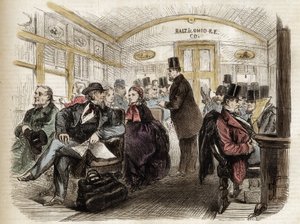 Interior de um vagão na Baltimore & Ohio Railroad, EUA - 1861 - interior de um vagão americano em 1860 de Unknown artist
