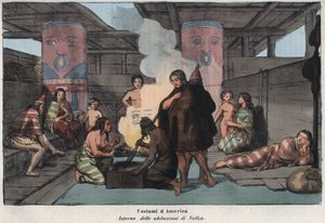 Interior de uma grande casa comunal em Nootka Sound, com os aldeões fumando e secando peixe, dormindo e cuidando das crianças - (Ilha Nootka) - "Interieur d