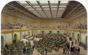 Vista interior da Câmara dos Representantes do Capitólio dos EUA mostrando o Congresso em sessão e os espectadores na galeria - Engraving 1866. de Unknown artist