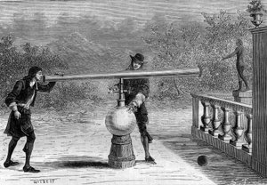 Invenção: Sarbacan ou arma pneumática por Otto von Guericke (Otto de Guericke) (1602-1686), inventor alemão. Gravura em "La Nature". de Unknown artist
