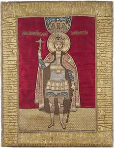 Iouri II de Vladimir (Vladimirski) - príncipe de Saint George Vsevolodovich - Yuri II de Vladimir - Saint Georgy II Vsevolodovich (1189-1238), príncipe herdeiro de Vladimir. (Podea). Seda, brocado, musselina, algodão, fios metálicos, missangas, meados do s de Unknown artist