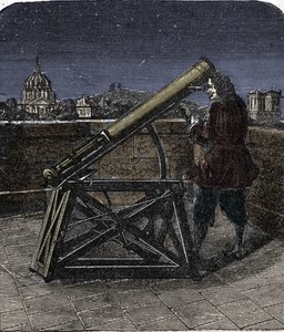 Isaac Newton (1642-1727) físico inglês usando o seu telescópio. de Unknown artist