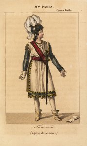 O cantor soprano italiano Giuditta Pasta no papel principal de Tancredi na ópera homônima de Gioachino Rossini apresentada na Ópera Buffa, em Paris de Unknown artist