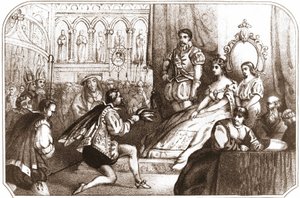 Jean Nicot apresenta a planta do tabaco a Catarina de Medicis (Caterina de Medici) e ao Grande Prior da Casa de Lorena. Litografia do século XVI, por volta de 1868. de Unknown artist
