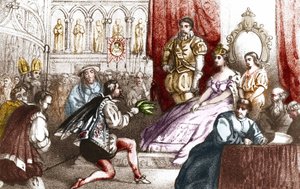Jean Nicot apresenta a planta do tabaco a Catarina de Medicis (Caterina de medici) e ao Grande Prior da Casa de Lorena. Século XVI. Gravura do séc. XIX de Unknown artist