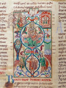 Jesse árvore rodeia símbolos de virgindade A Virgem é concebida com o nome de Bizantina de Theotokos. Miniatura retirada do "Lectiaire de Citeaux" Dijon do século XII, Biblioteca Municipal de Unknown artist