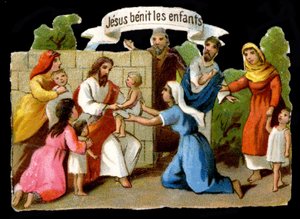 Jesus Cristo abençoa as crianças. A cromolitografia do século XIX. de Unknown artist
