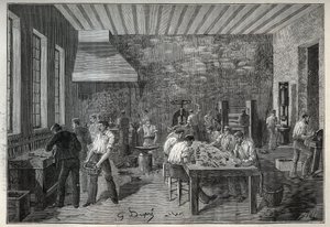 Joalharia: fábrica de jóias de aço. Gravura de 1885 em "Les arts et metiers illustres" de Adolphe BITARD. de Unknown artist