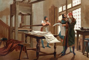 Johannes Gutenberg (1400-1468), impressor alemão, imprimindo a primeira folha da Bíblia. depois de hombres y Mujeres celebres. Barcelona 1877. de Unknown artist