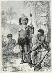 Viagem do Capitão James Cook (1728-1779): Indígenas das Ilhas Marquesas - ilustração retirada de "Os Grandes Marinheiros do século XVIII". de Unknown artist