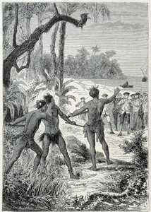 Viagem do Capitão James Cook (1728-1779) a New Guinee: o primeiro encontro com os nativos, ilustração tirada de "Os Grandes Marinheiros do século XVIII". de Unknown artist