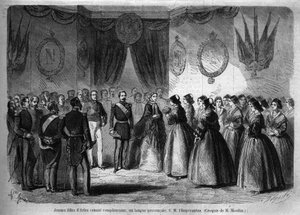 Viagem do Imperador Napoleão III (1808-1873) e sua esposa Eugenie de Montijo (1826-1920) ao Duque de Sabóia após a anexação do Conde de Sabóia (Tratado de Turim de Março): aqui o casal imperial que visita Arles encontra jovens raparigas da região. Engr de Unknown artist