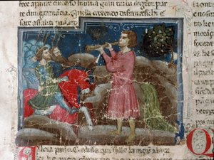 Jules Cesar (101-44 AC) dirige-se aos seus guerreiros Detalhe de uma página manuscrita "Os Factos dos Romanos" (Ms 1538, fol 15r) por volta de 1340 Florence, Biblioteca Riccardiana de Unknown artist