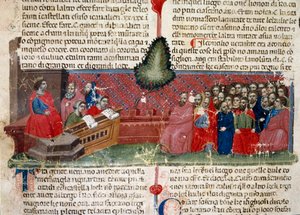 Jules Cesar (101-44 AC) no trono Detalhe de uma página manuscrita "Facts of the Romans" (Ms 1538) cerca de 1340 Florence, Biblioteca Riccardiana de Unknown artist