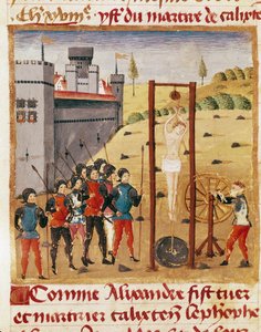 O Rei Alexandre o Grande (356-323 a.C.) assiste à execução do nobre Calixten Cephobe por enforcamento" Miniatura retirada do "Livro de Fatos de Alexandre o Grande" de Quintus Curtius Rufus (século I) (ms 1335, fol. 167 v de Unknown artist
