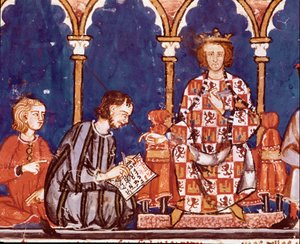 O Rei Alfonso X, o sábio, assiste um escriba. Detalhe de uma miniatura do Livro de jogos de Alfonso X o sábio (1221-1284) "O livro de xadrez, des et tables" (El libro de ajedrez, dados e tablas). 1282. San Lorenzo de El Escorial. Biblioteca Real do de Unknown artist